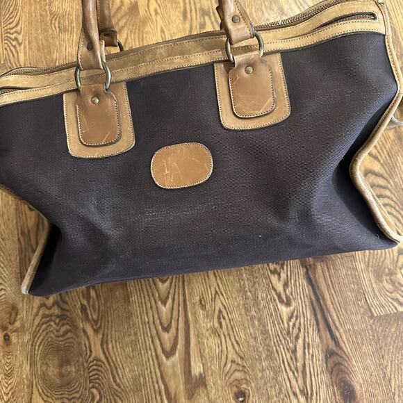 Brahmin Weekender Men's Leather Canvas Bag Brown Pockets Handle Messenger Bag - Picture 3 of 9